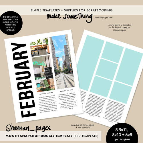 Month Snapshot TwoPage PSD Template (6x8, 8x10 and 8.5x11 Sizes included) Shannan Pages