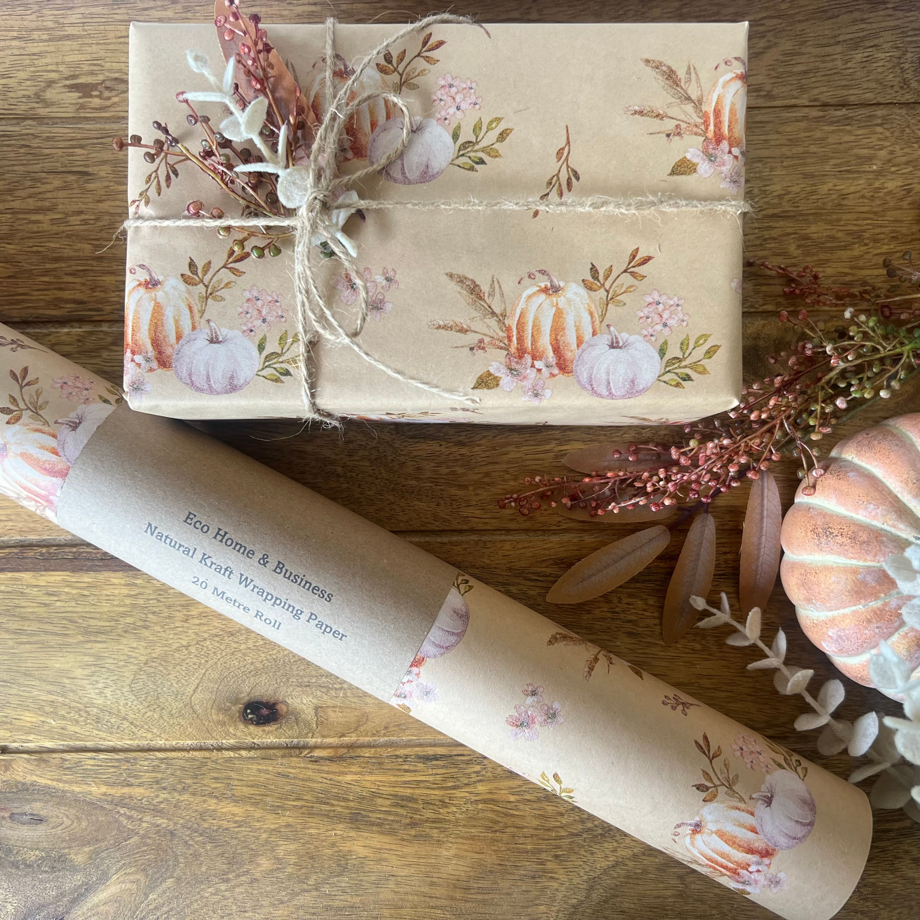 Kraft Pumpkin & Blossom Autumn Printed Eco Friendly Wrapping Paper