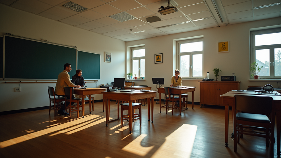 High angle view of a music classroom with various instruments neatly arranged