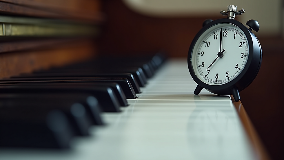 Close-up of piano keys with a metronome on the side