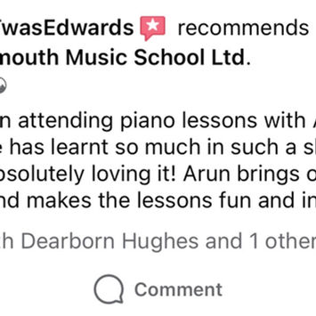 Mother praising her son’s piano lessons at Bournemouth Music School with Arun — describing fun, natural ability development, fast progress, and highly interactive teaching. Strong endorsement for child-friendly piano tuition in Bournemouth.