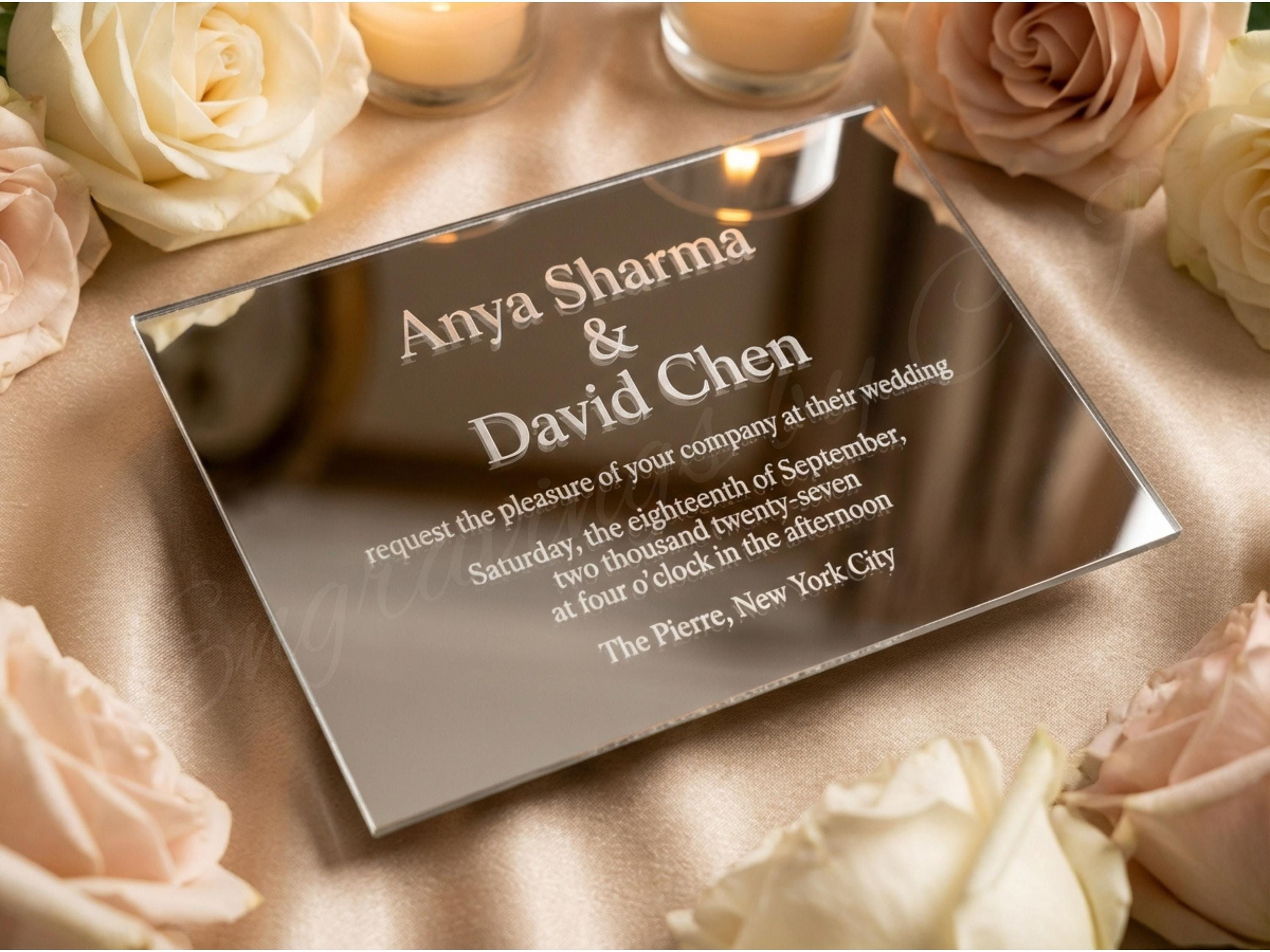 Custom silver mirror acrylic wedding invitation, personalized laser engraved wedding stationery