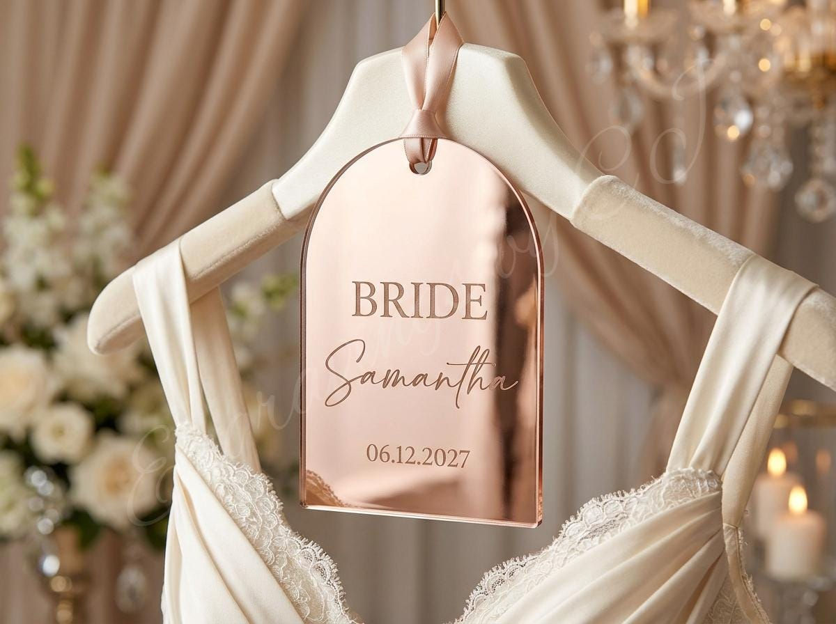 Personalized Rose Gold Wedding Dress Hanger Tag, Custom Bride Hanger Tag, Mirror