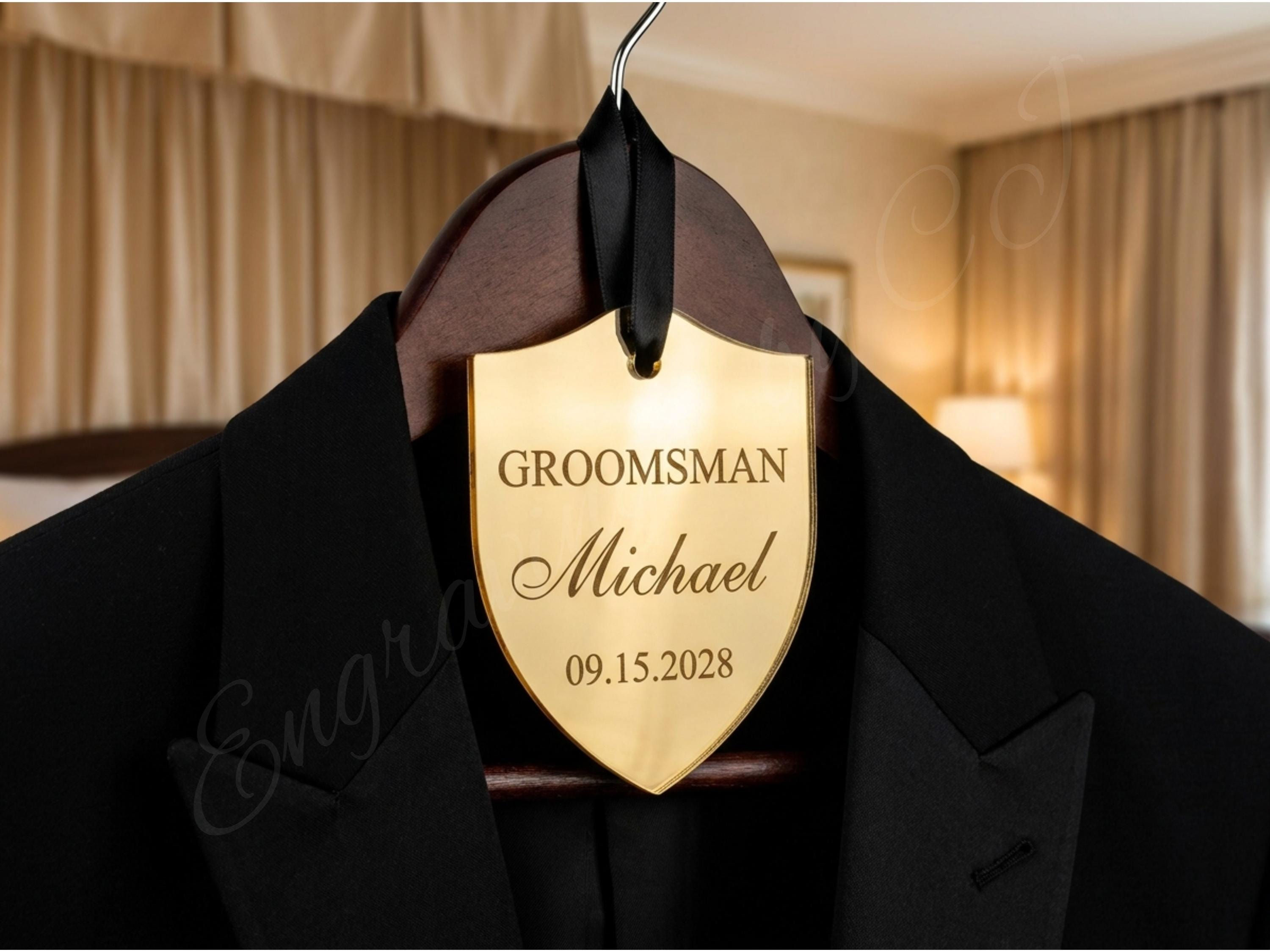 Engraved Mirror Wedding Hanger Tag, Personalized Groom Groomsman Best Man Suit