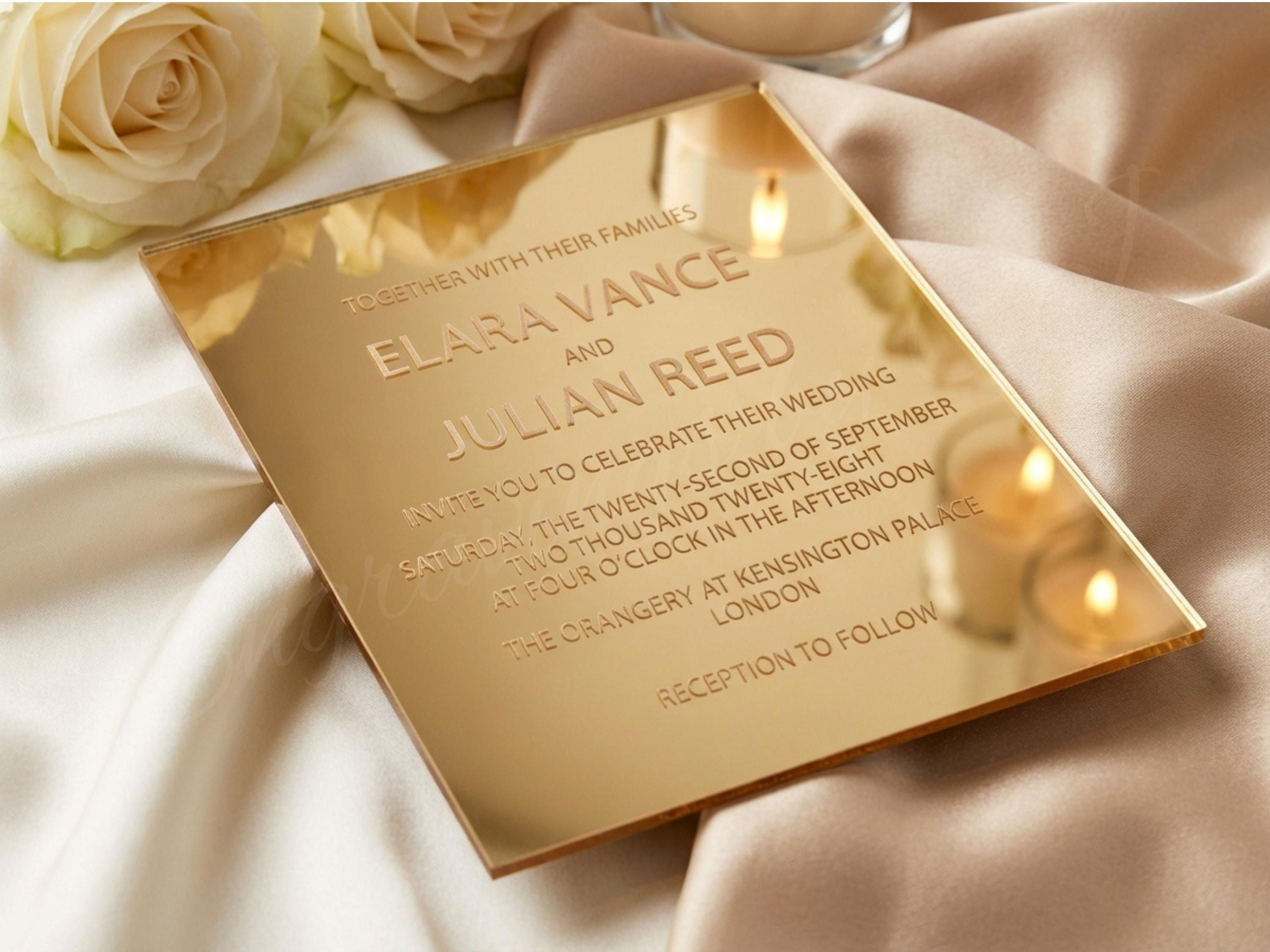 Custom gold mirror acrylic wedding invitation, personalized laser engraved wedding stationery