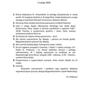 Ogłoszenia duszpasterskie na 4. Niedzielę Zwykłą (01.02.2026)