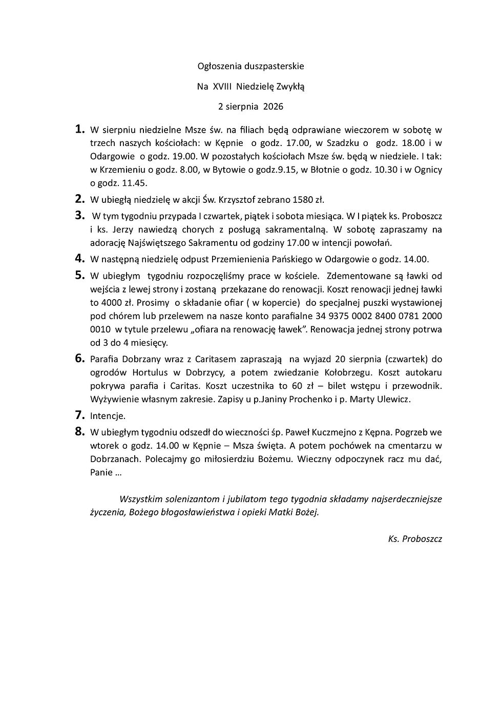 Ogłoszenia duszpasterskie na 18. Niedzielę Zwykłą