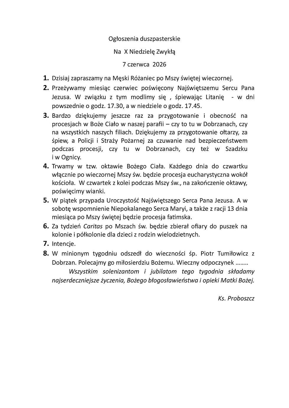Ogłoszenia duszpasterskie na 10. Niedzielę Zwykłą (07.06.2026)