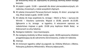 Ogłoszenia duszpasterskie na 6. Niedzielę Wielkanocną (10.05.2026)
