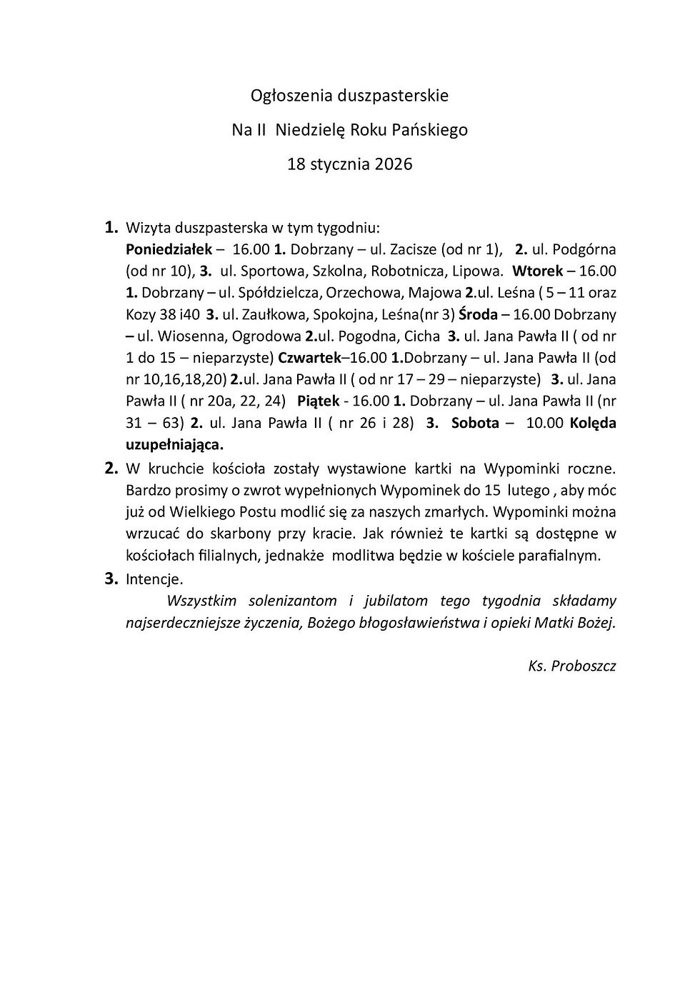 Ogłoszenia duszpasterskie na 2. Niedzielę Zwykłą (18.01.2026)