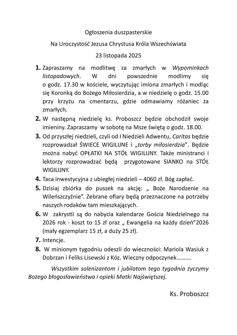 Ogłoszenia na 34. Niedzielę Zwykłą - Uroczystość Jezusa Chrystusa Króla Wszechświata (23.11.2025)