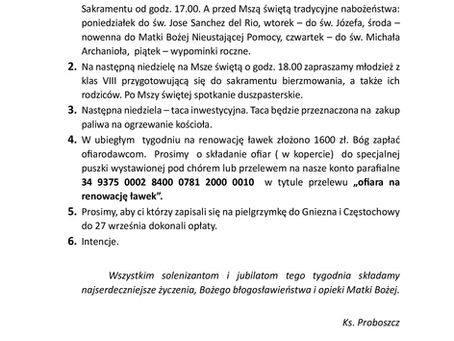 Ogłoszenia duszpasterskie na 24. Niedzielę Zwykłą (13.09.2026)