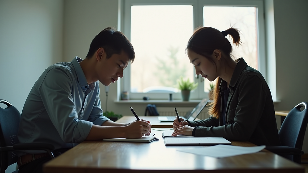 Eye-level view of a student studying with a tutor at a desk
