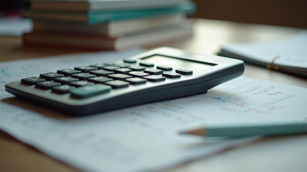 High angle view of a calculator and SAT prep books on a study table