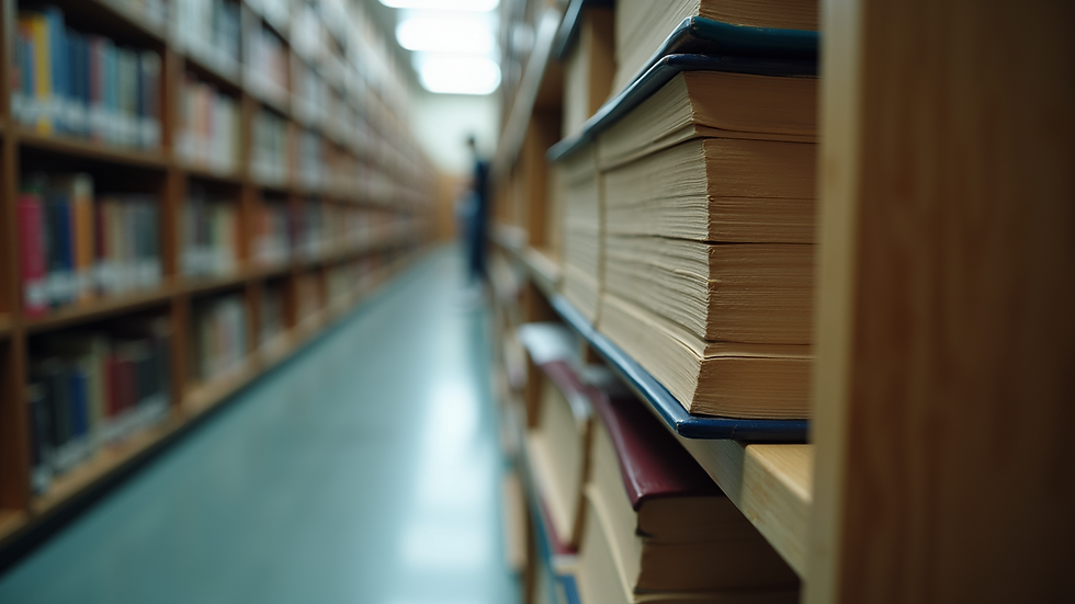 Close-up view of textbooks stacked in a library