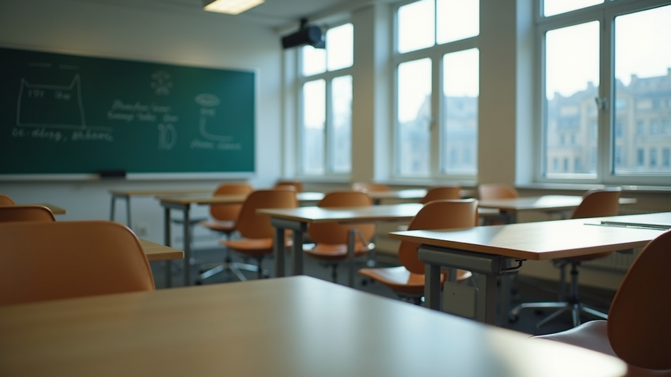 High angle view of a modern classroom setup with technology