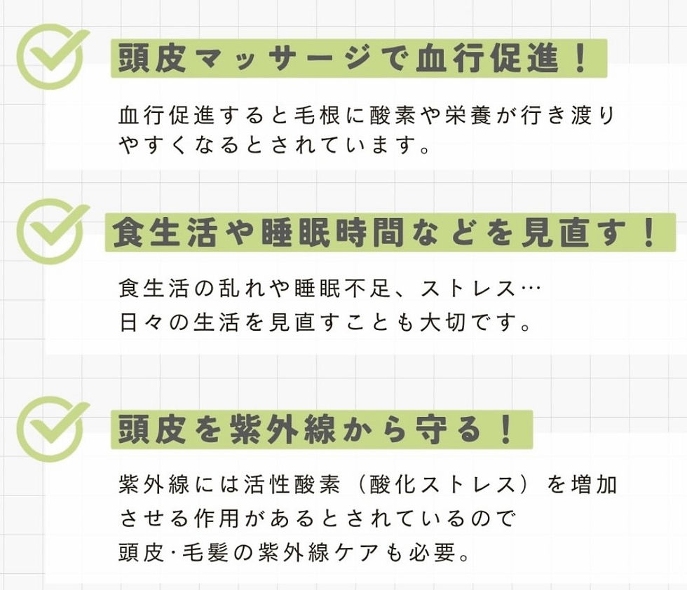 頭皮ケアに関するアドバイスが記載された画像。緑色のチェックマークと強調された見出し。背景は薄いグリッドパターン。