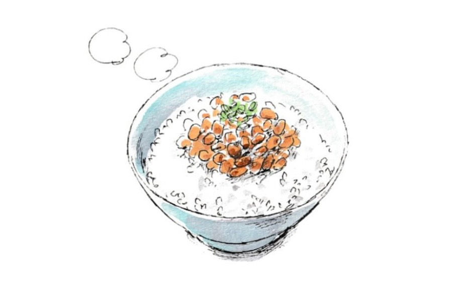 湯気の立つ白いご飯の丼に、オレンジ色の具と緑の薬味がのった手描き風イラスト。