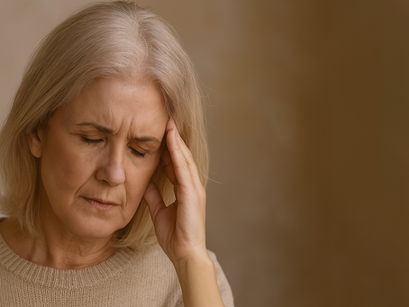 Mulher mais velha com expressão de preocupação e cansaço, tocando a cabeça com a mão — representando sintomas de sofrimento emocional.