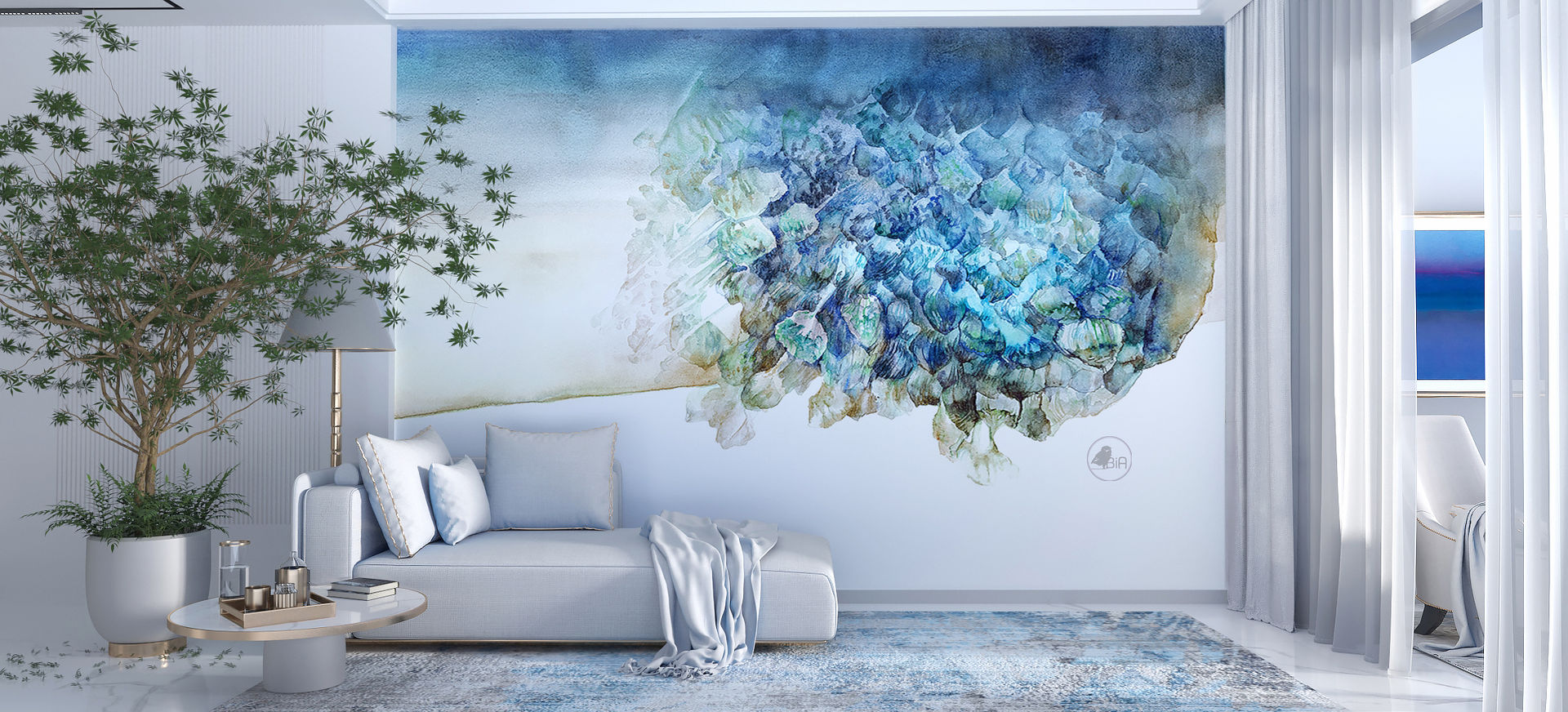 blue flowers reflected on water