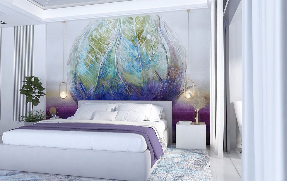 stunning detailed watercolor of blue purple bud, interior-design