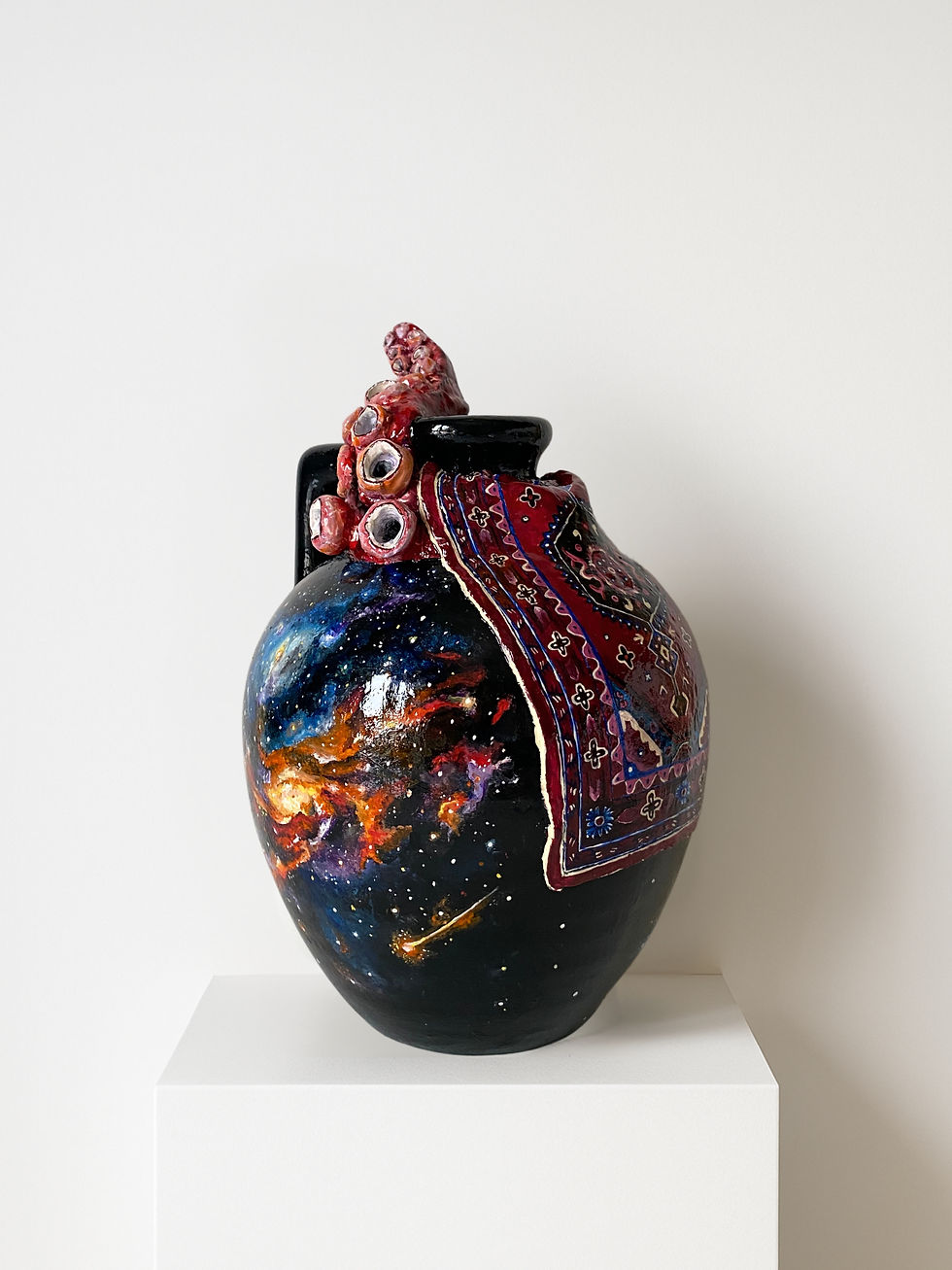 Thumbnail: Woven Cosmos vase front view showing handpainted cosmic nebula and woven motif.