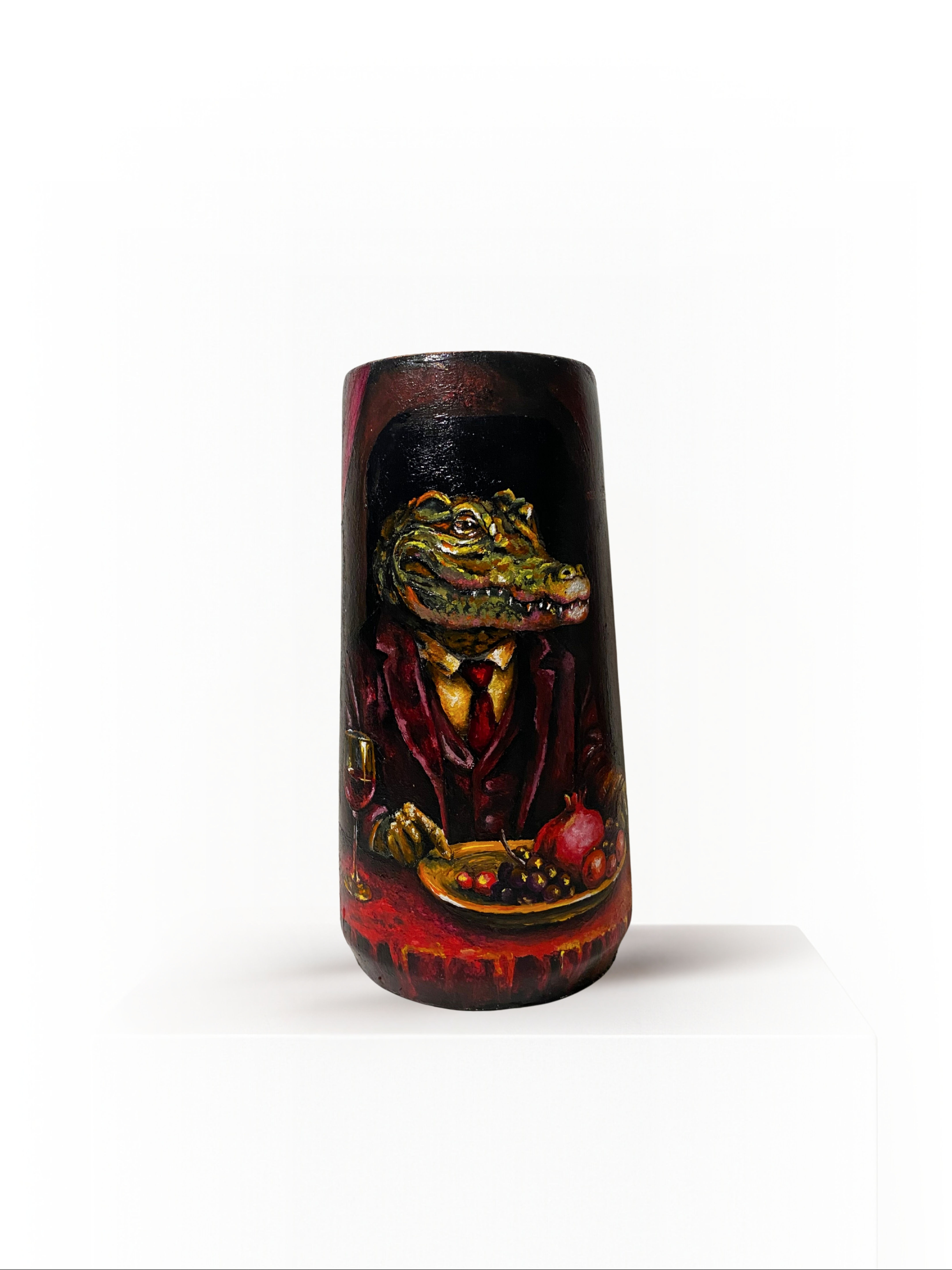 Front view of Velvet Swamp vase – Groa Series, hand-painted concrete artwork with deep red and green tones