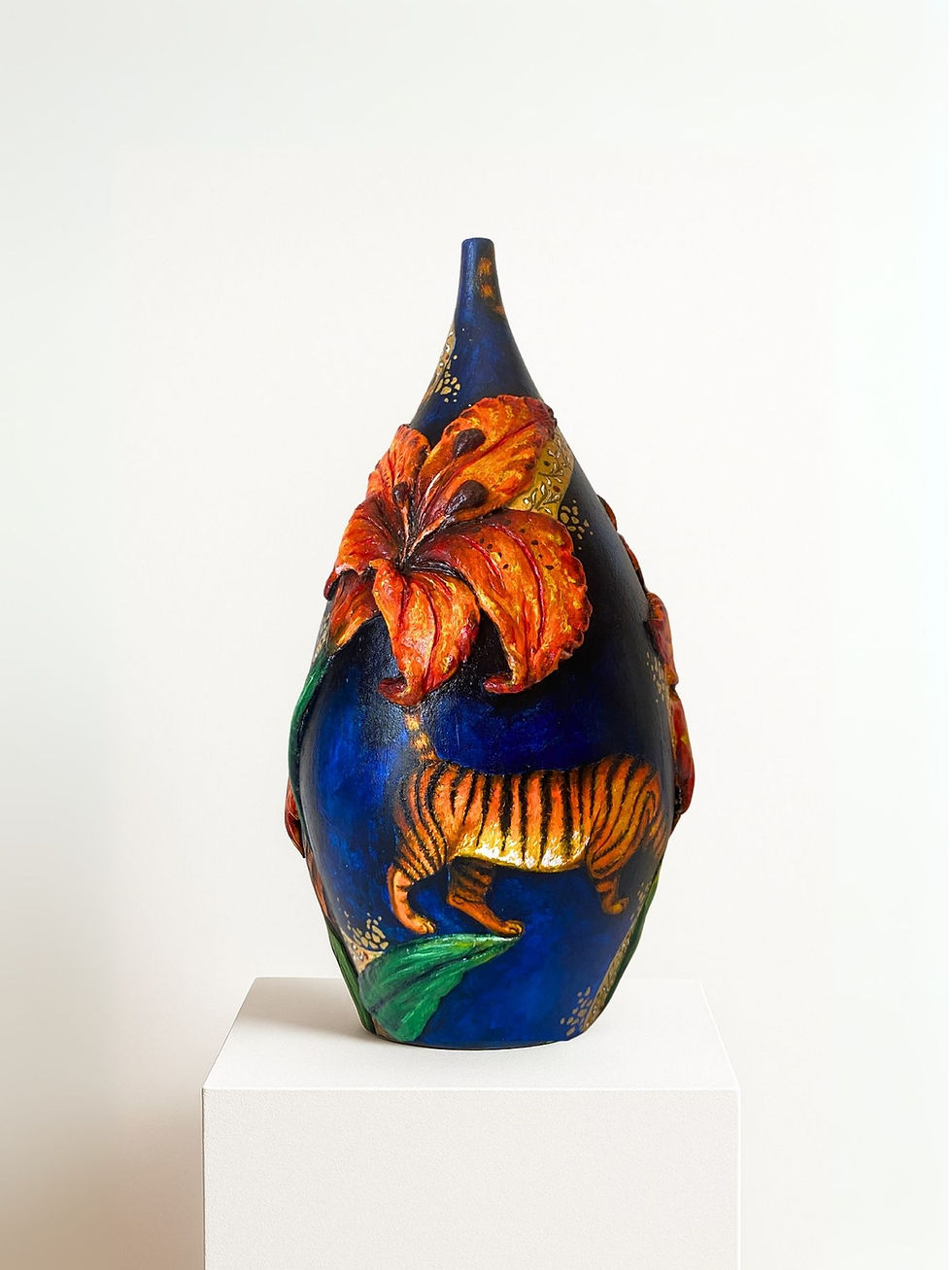 Thumbnail: Identity Within the Flowers vase – hand-painted surreal object with orange lily flowers and tiger motif, front view