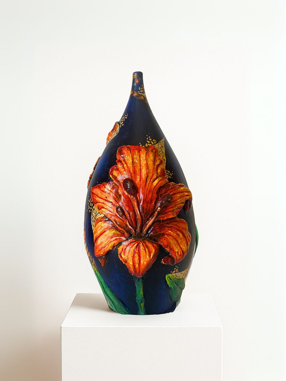 Thumbnail: Identity Within the Flowers vase – hand-painted surreal object with orange lily flowers and tiger motif, front view