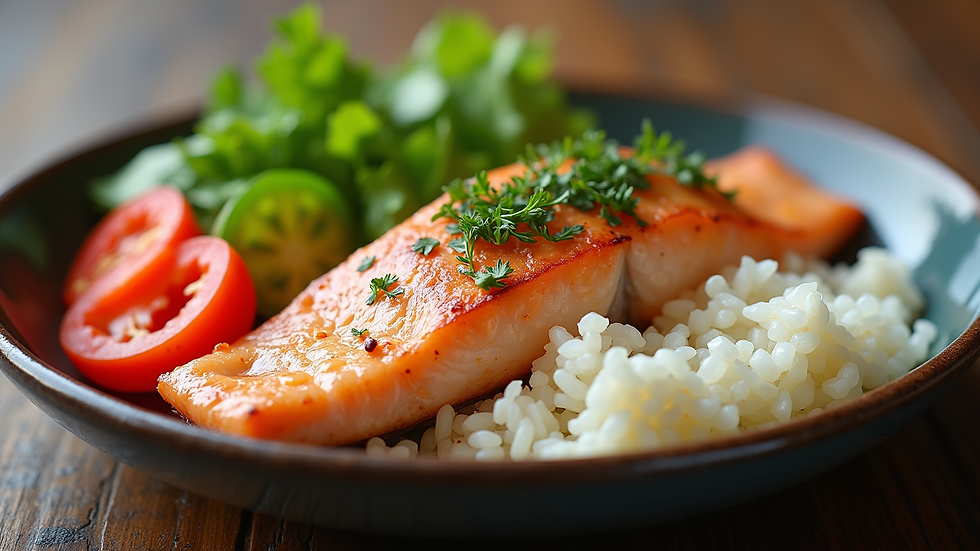 eye-level view of a colorful balanced meal with fish, vegetables, and rice