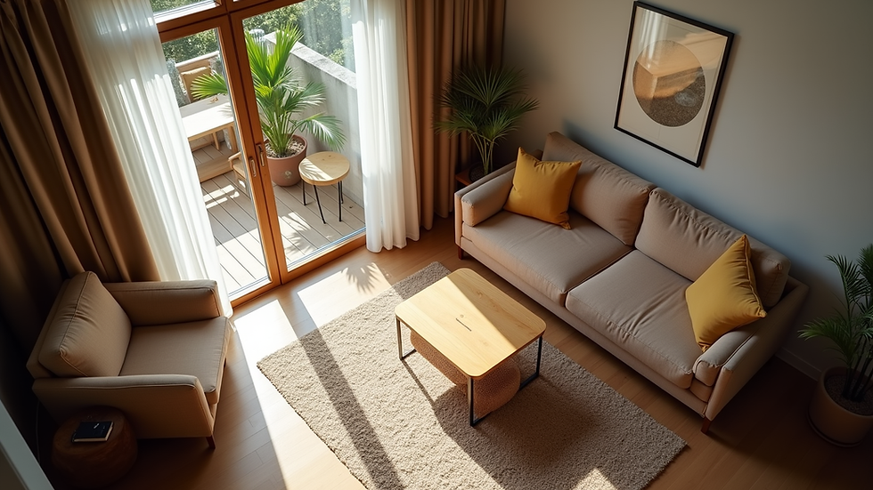 high angle view of a cozy living room with a small dining table