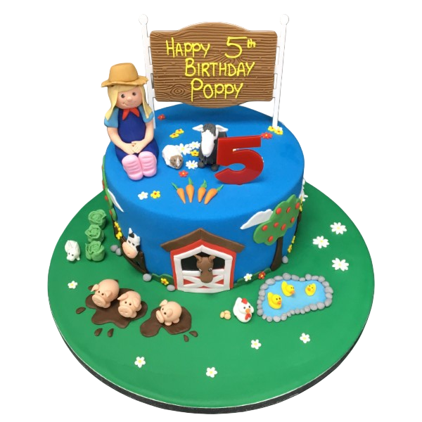 Bespoke Farmyard Friends cake with colorful animal toppers, crafted for celebration in Solihull, West Midlands.