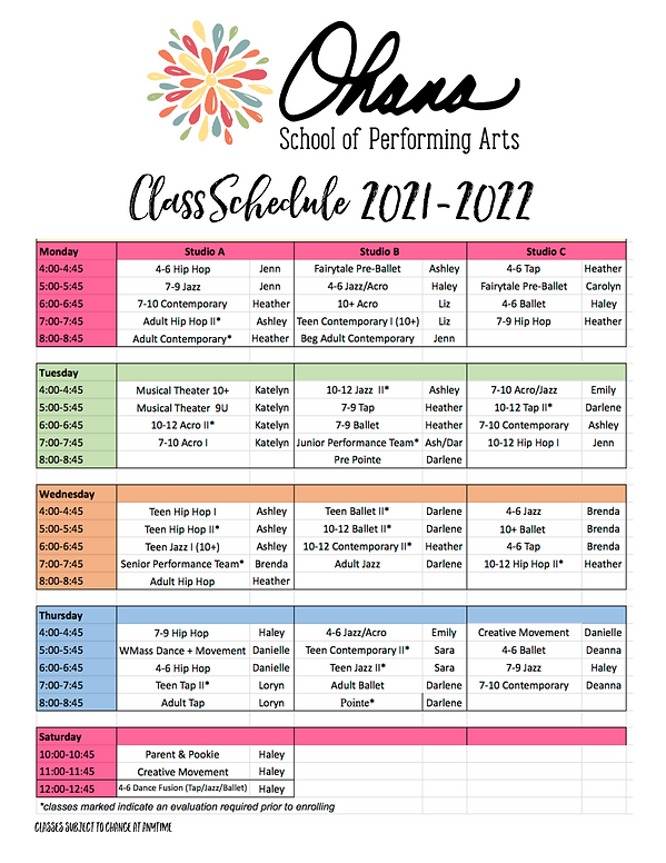 Ohana Class Schedule (Tentative) 2021-2022 Monday Studio A Studio B Studio C 400-445 4-6 H