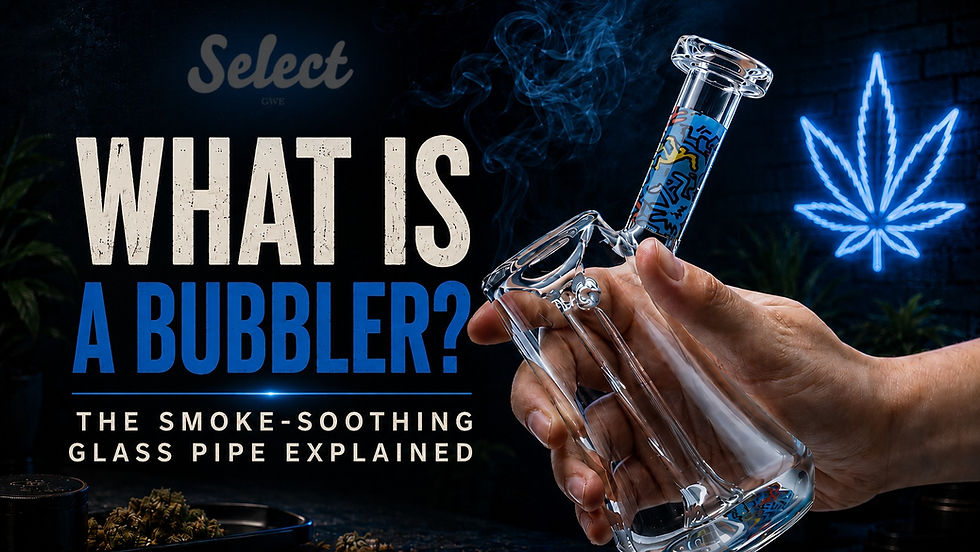 Promotional graphic titled “What Is a Bubbler?” showing a hand holding a clear glass bubbler pipe against a dark smoky background, with a glowing blue cannabis leaf sign and the subtitle “The smoke-soothing glass pipe explained.”