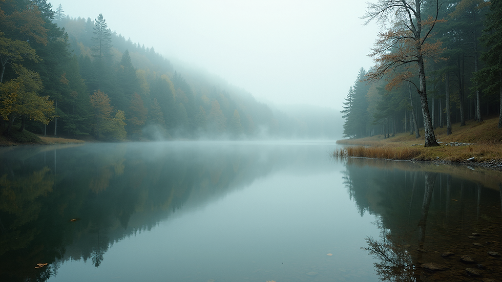 Eye-level view of a serene landscape with a calm lake surrounded by trees