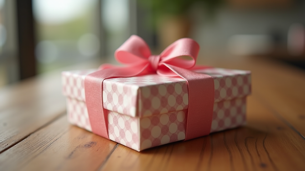 Eye-level view of a beautifully wrapped macaron gift box on a wooden table