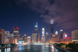 chicago skyline from river at night_