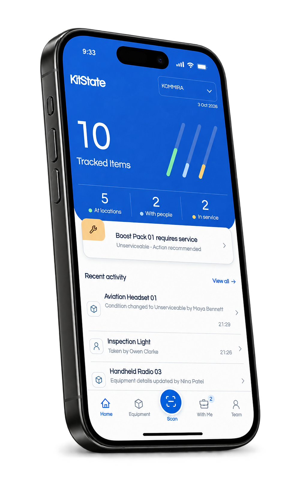 KitState dashboard on a phone, showing tracked items and recent activity