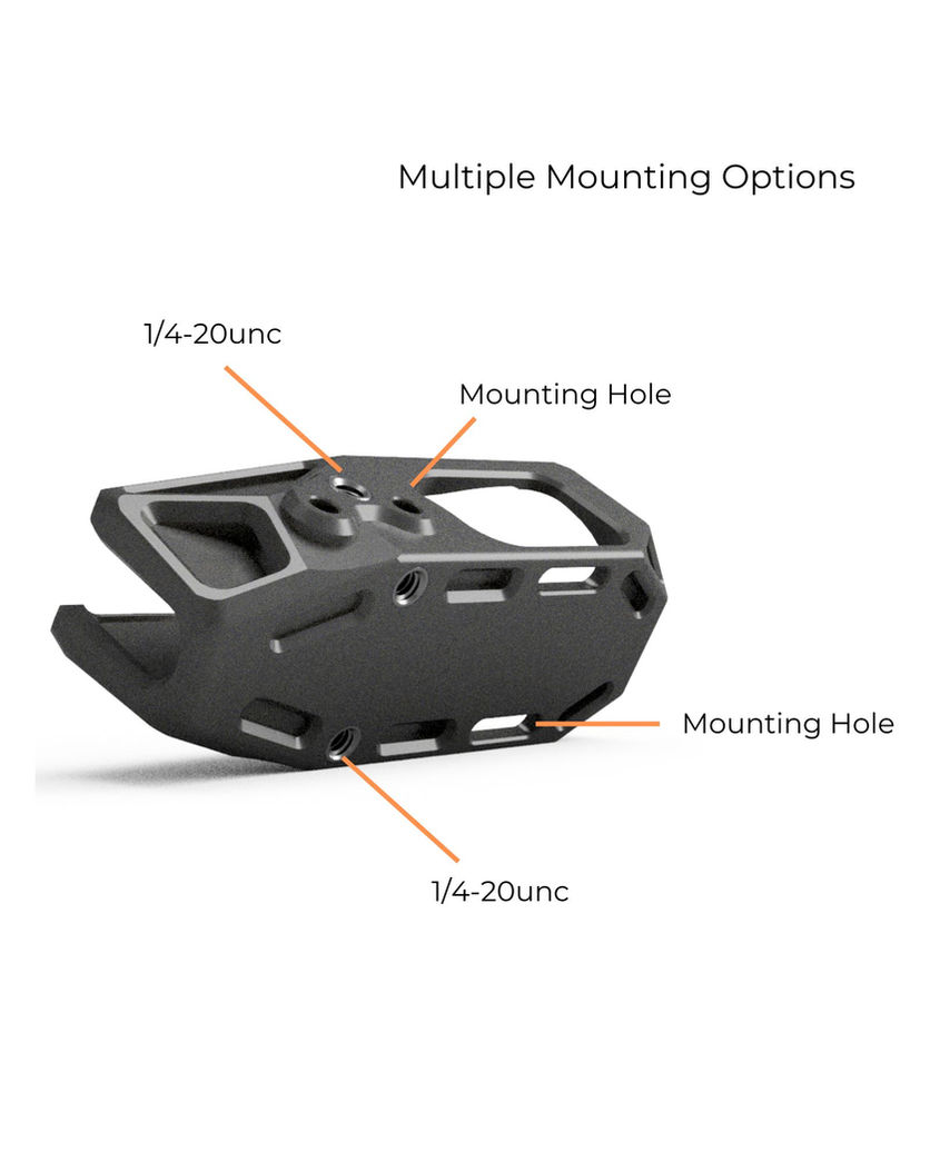 Bose A20 ANR-DOCK render with 1/4-20 threaded holes and mounting holes labelled