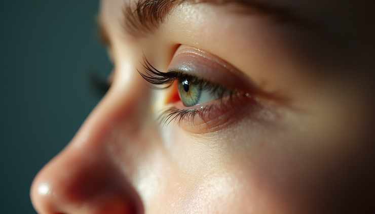 Close-up view of an eye resting with closed eyelids and soft natural light