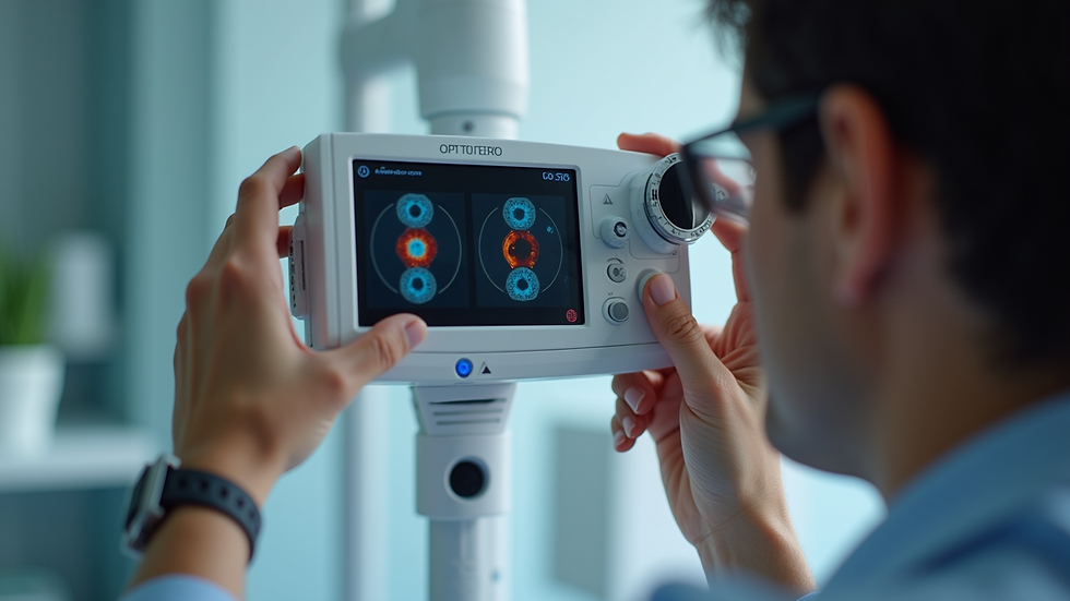 Close-up view of optometrist using digital retinal imaging device