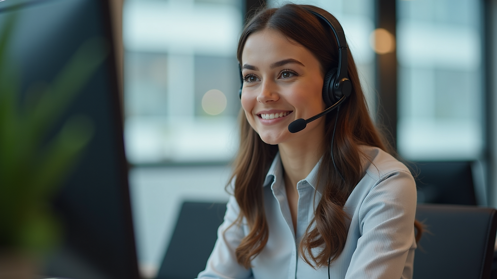Eye-level view of a customer service representative at a desk with a headset