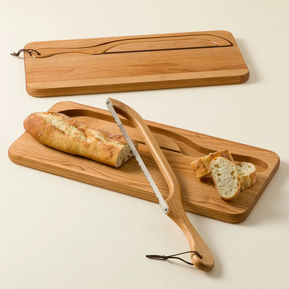 Our Bread Knife Board Set includes the board and a Bread & Bagel Slicer Right Handed and Left Handed