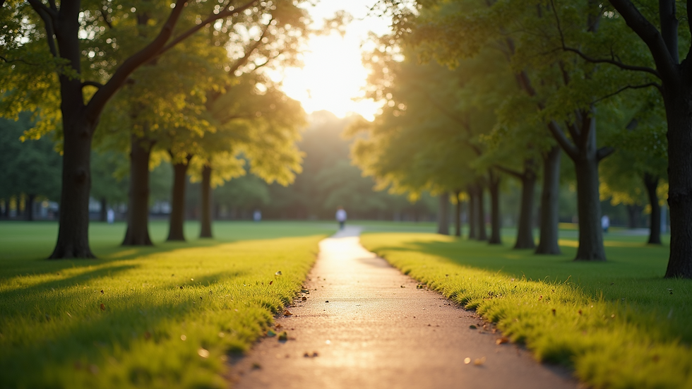 Eye-level view of a serene park with a walking path