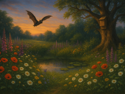 A bat flies over a pond in a flower-filled meadow at sunset. A birdhouse hangs on a tree. The sky is orange and purple, creating a serene mood.