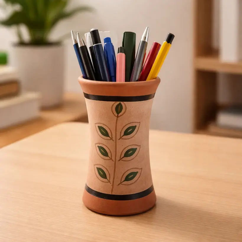 Handcrafted Tribal Art Terracotta Pencil & Brush Holder (13 cm)