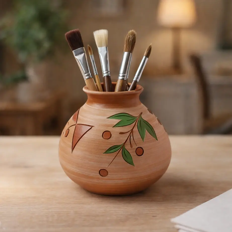 Handcrafted Tribal Art Terracotta Brush & Stationery Holder (9 cm)