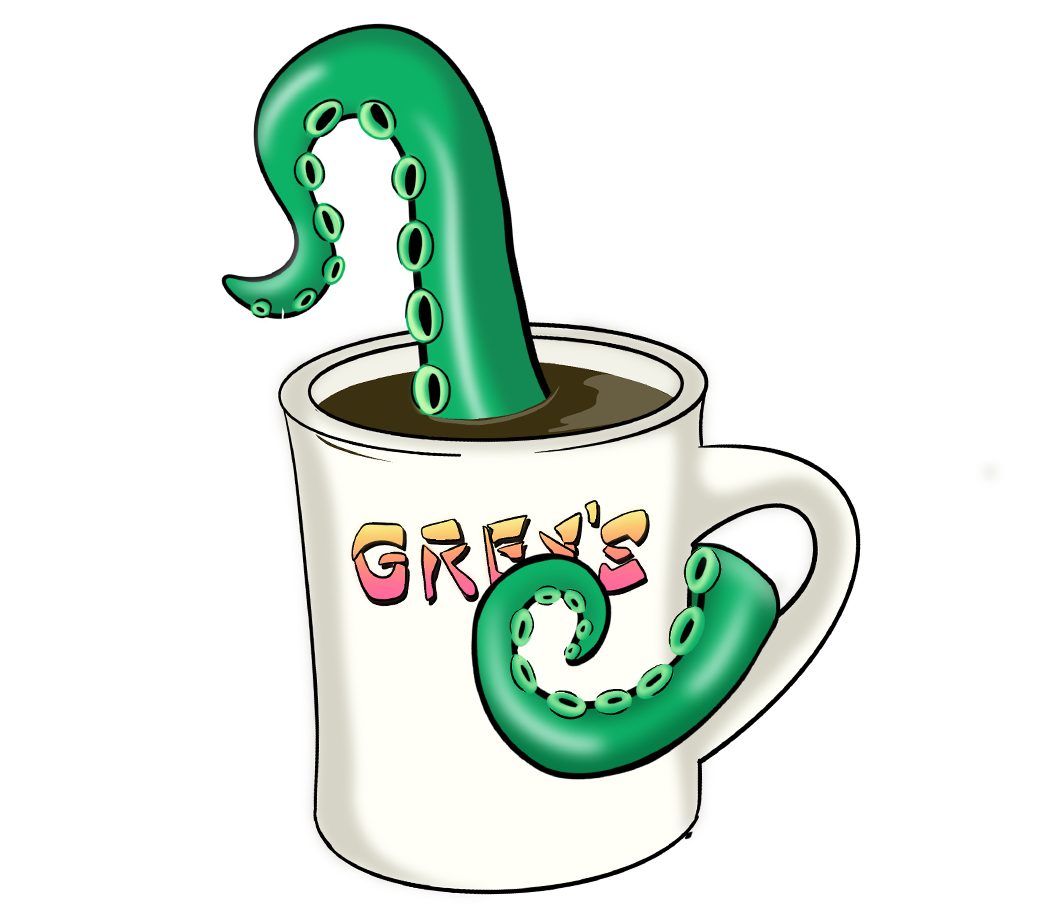 50's diner coffee mug with alien tentacles coming out. Grey's on 51st St., A graphic novel mystery by Harris Baumann.