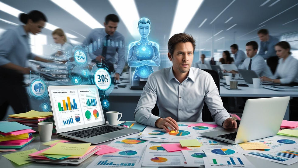 A man in an office surrounded by charts, laptops, and papers. A digital hologram shows data analytics. Busy colleagues in the background. This image showcases the significant pressure to improve ROIs