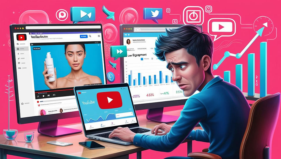 a man sitting in front of mutile laptops containing a youtube video measuring influencer marketing metrics, has worrying expression about the analytics. the analytics is symbolized with a bar graph and indicating steady growth and a separate dashboard